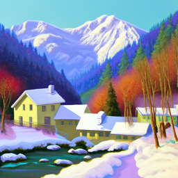 Oil painting of a snowy mountain